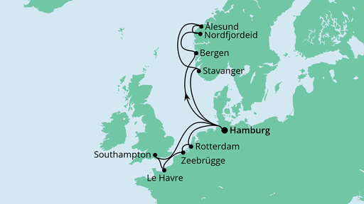 AIDAprima Angebot der Woche Metropolen & Norwegen (14 Tage) - Routenbild